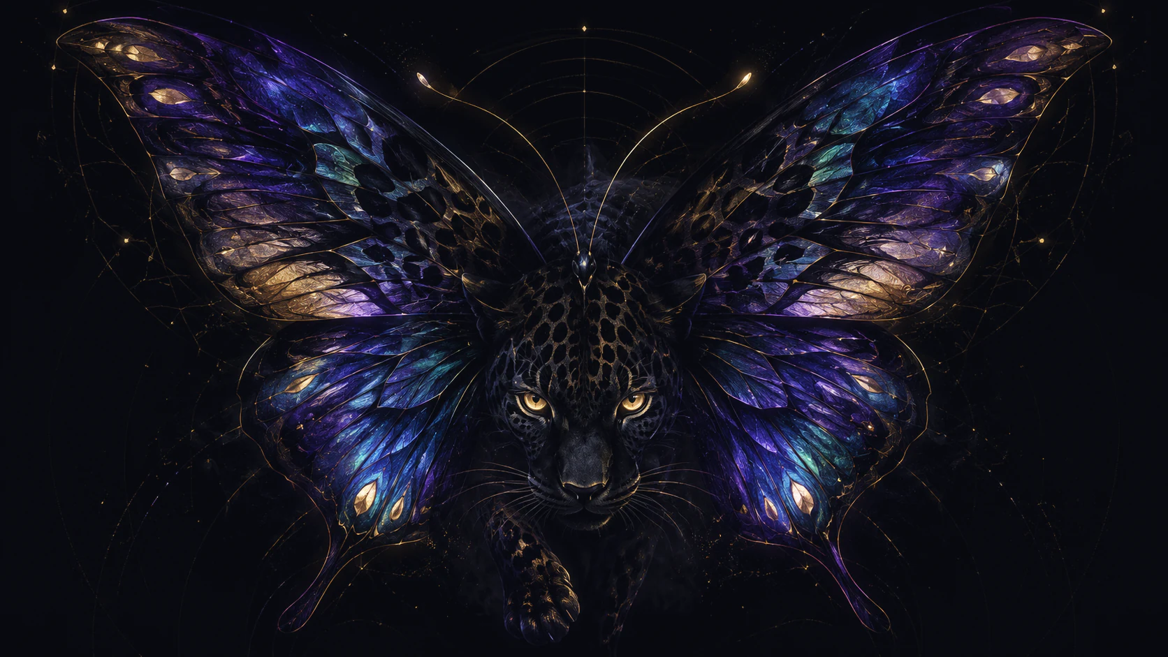 A jaguar with violet and gold butterfly wings